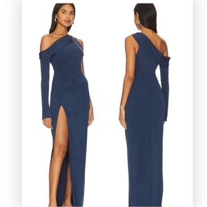 Katie May Mojave Single Long Sleeve High Slit Ruched Gown